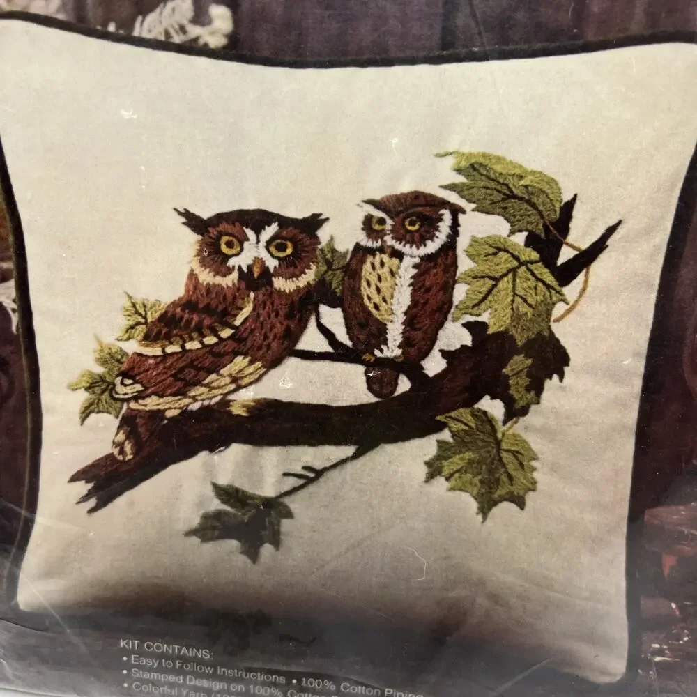 Vtg Avon Owl Mates Couple Pillow Crewel Embroidery Kit Love Birds 16x32 Zip 1974